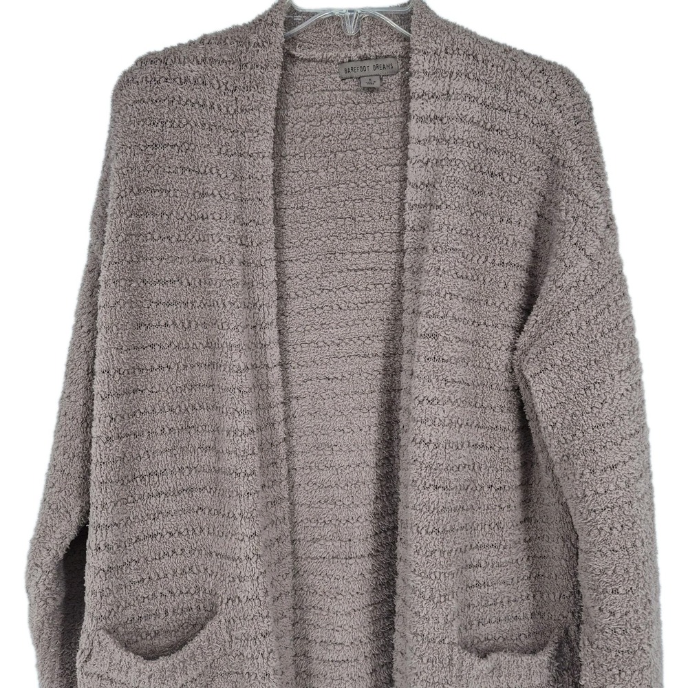 Barefoot Dreams CozyChic Boucle Welt Pocket Cardigan Sweater Taupe Sz S - Picture 2 of 11